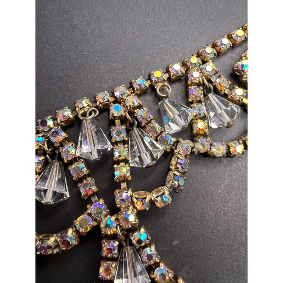 Vintage AB Rhinestone Bib Necklace Clear Glass Dangles Gold Tone - Picture 11 of 12